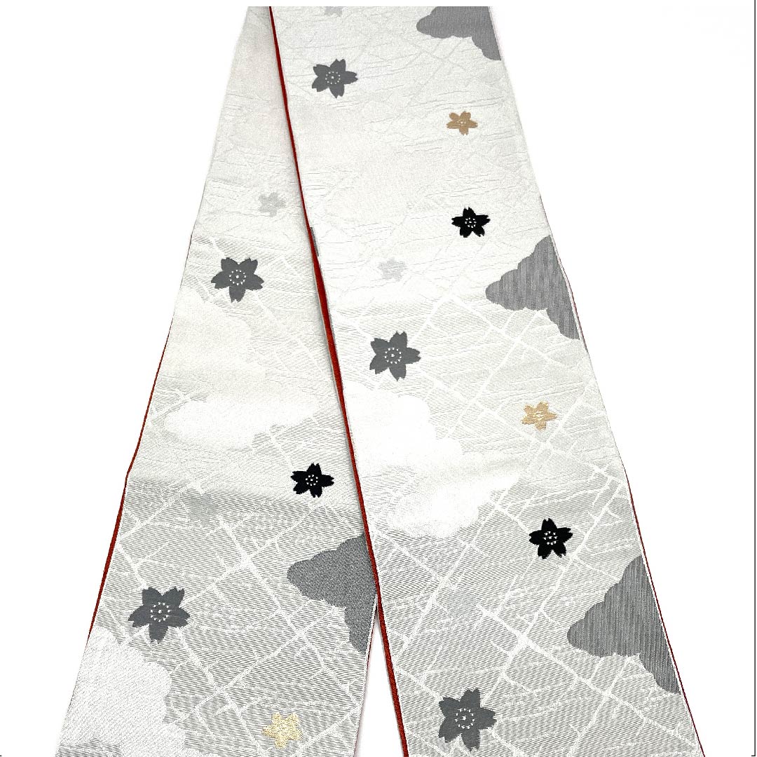 （未仕立）半幅帯 ポリエステル 薄墨色（うすずみいろ） 雲 桜 古典柄 花柄 モノトーン 帯丈344cm グレー系 Sランク 1125001122322