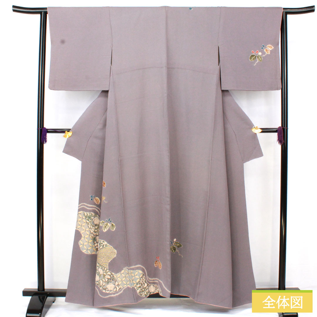 訪問着 正絹 袷 身丈159.5cm 裄丈63.5cm 紫鼠色（むらさきねずいろ）  ちりめん地 辻ヶ花 道長取り 付下げ Aランク グレー系 1112005583322