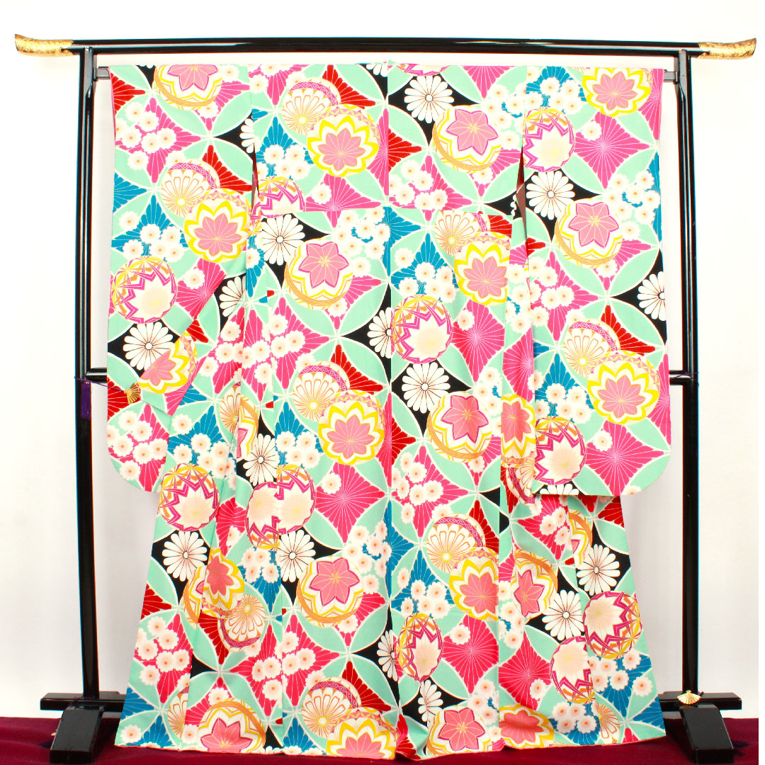 振袖 身丈170.5cm 裄丈70cm 袷  薄水色 洗える着物 鞠 七宝  ポリ Sランク 青系 1113001172617