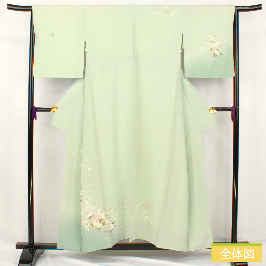 訪問着 正絹 袷 身丈153cm 裄丈65.5cm 秘色（ひそく） 京友禅 桜 椿 菊 スーパーガード加工 Aランク 水色系 1112005503224