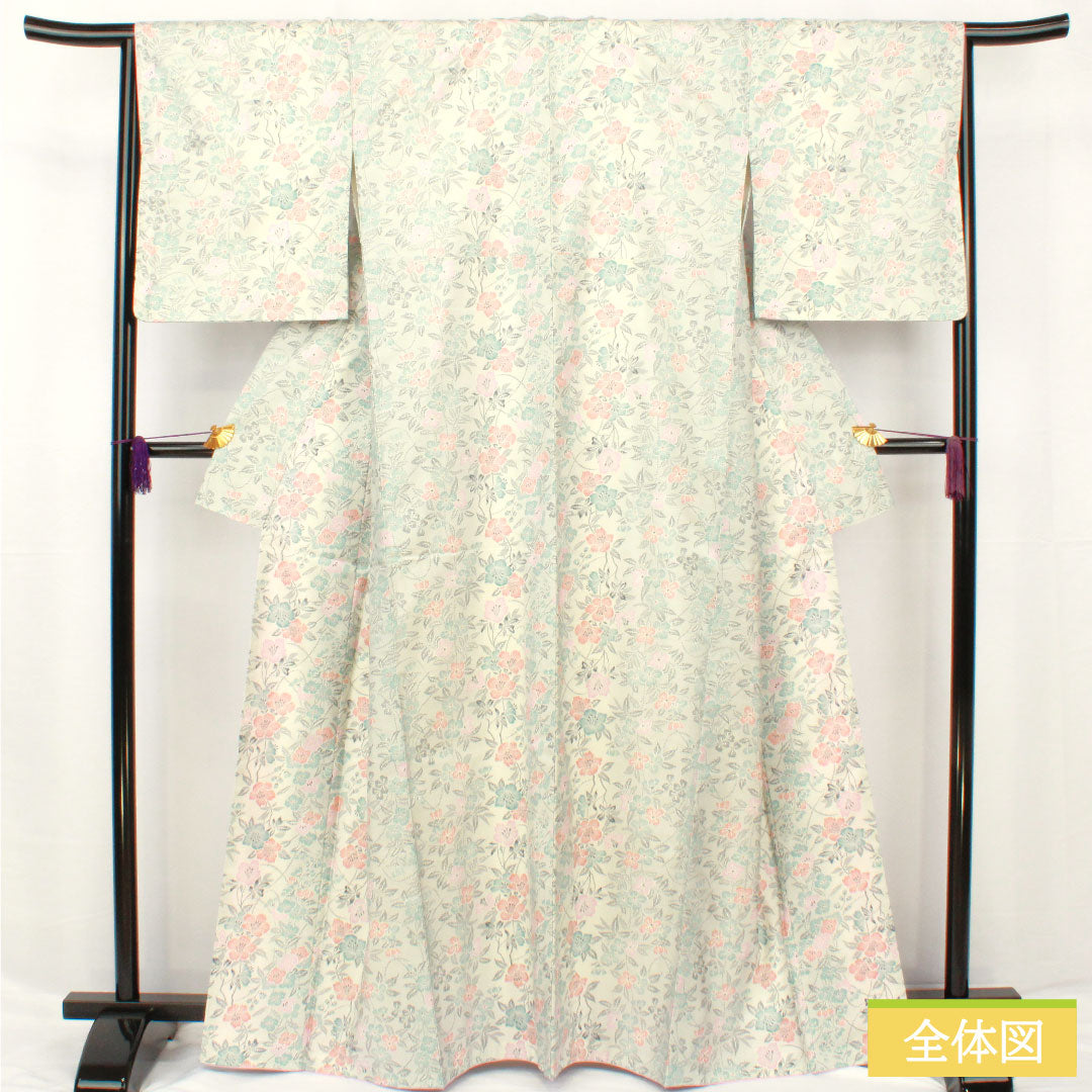 小紋 ポリエステル 身丈165cm 裄丈66cm 袷 胡粉色（ごふんいろ） 洗える着物 草花模様 Aランク グレー系 1115004513522