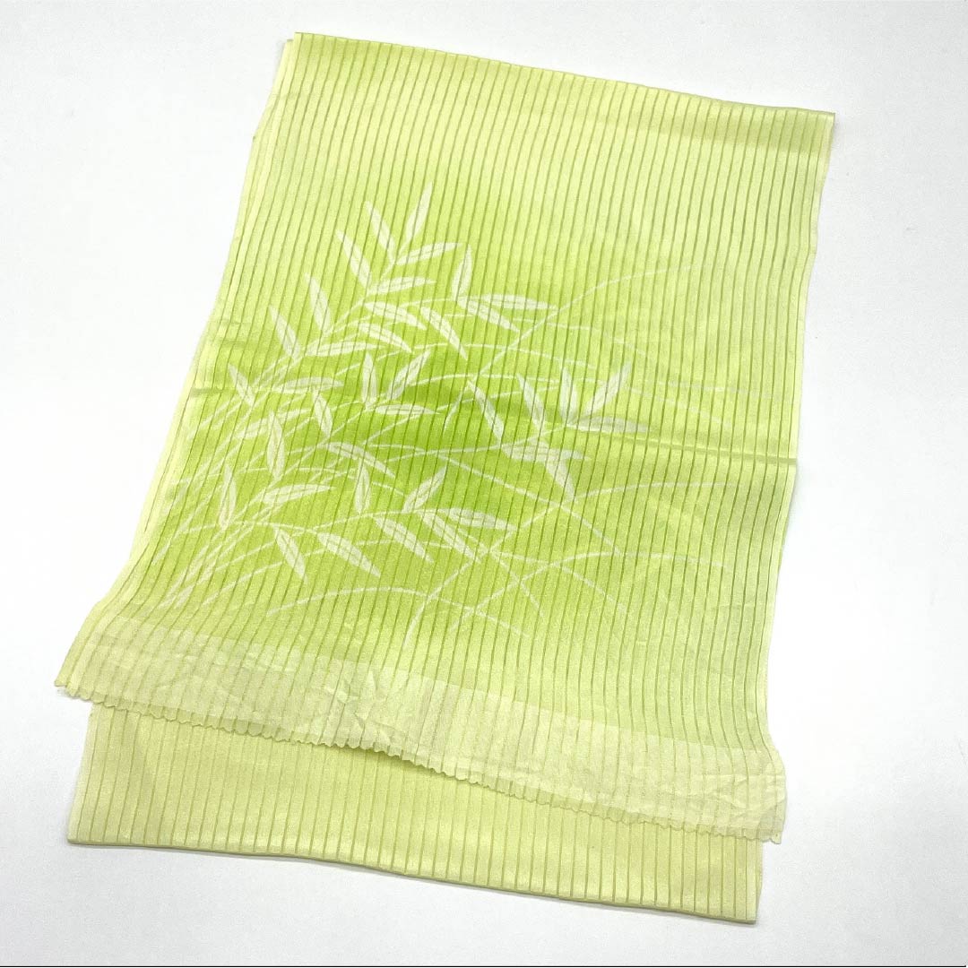 Obiage, pure silk, A rank, semi-formal, wakame-iro (light green), summer, tate-ro weave, leaves, length approx. 173cm, width approx. 28cm, green系, 1136004493919