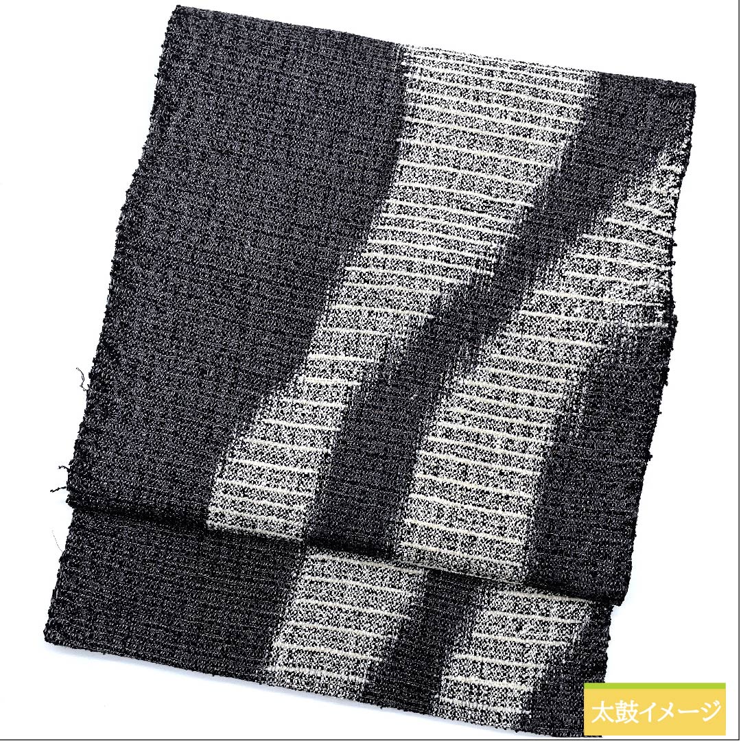Nagoya obi, navy blue, monotone, swaying lines, long, obi length 377cm, pure silk, S rank, six-pass, casual, gray, 1124006192322, Matsuba style