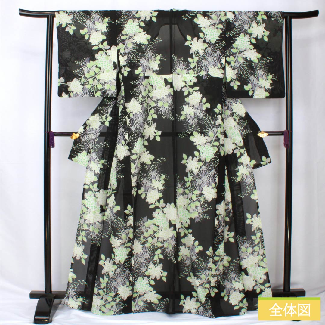 夏物 ポリエステル 小紋 身丈167cm 裄丈63.5cm 紫陽花 菖蒲 洗える着物 絽 Aランク 黒系 1132002283510