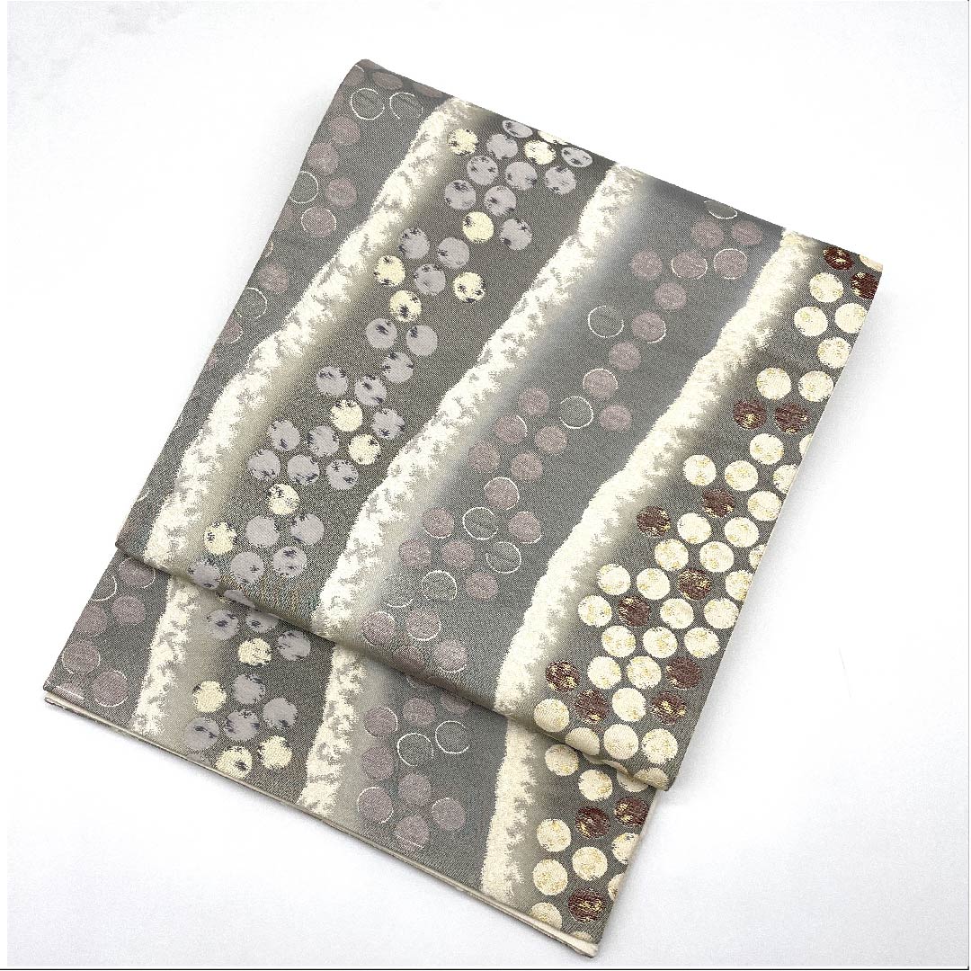 袋帯 水銀色（すいぎんいろ） 加納幸 幾何学模様 帯丈434cm 正絹 Sランク 六通 セミフォーマル グレー系 1123008582322