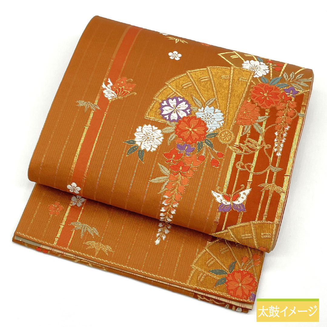 袋帯 正絹 Sランク 丹色（にいろ） 西陣織 扇面 藤 菊 帯丈416cm 六通 セミフォーマル 朱系 1123017192316