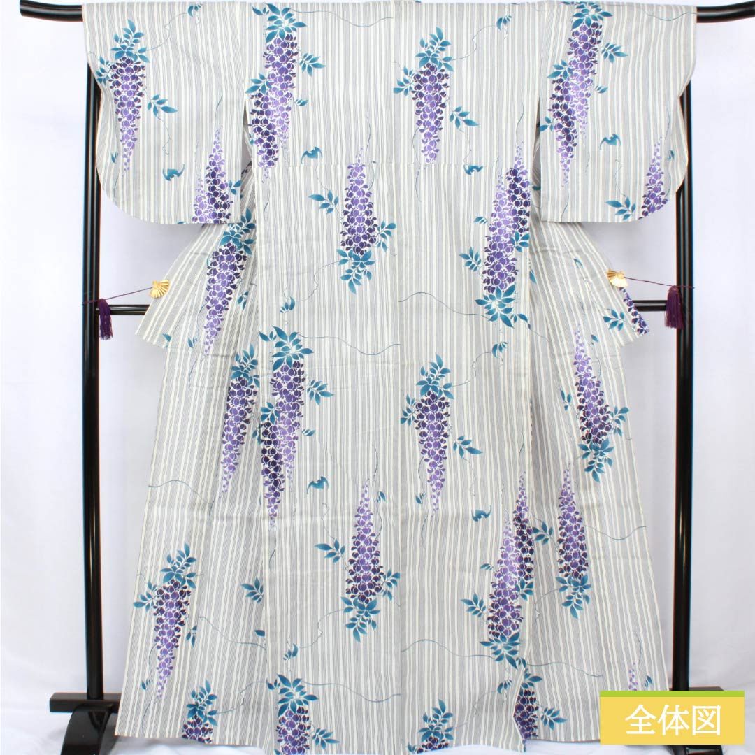 Cotton Yukata, Length 166cm, Sleeve Length 66.5cm, S Rank, Single Layer, White with Wisteria Stripes, 1118006692511