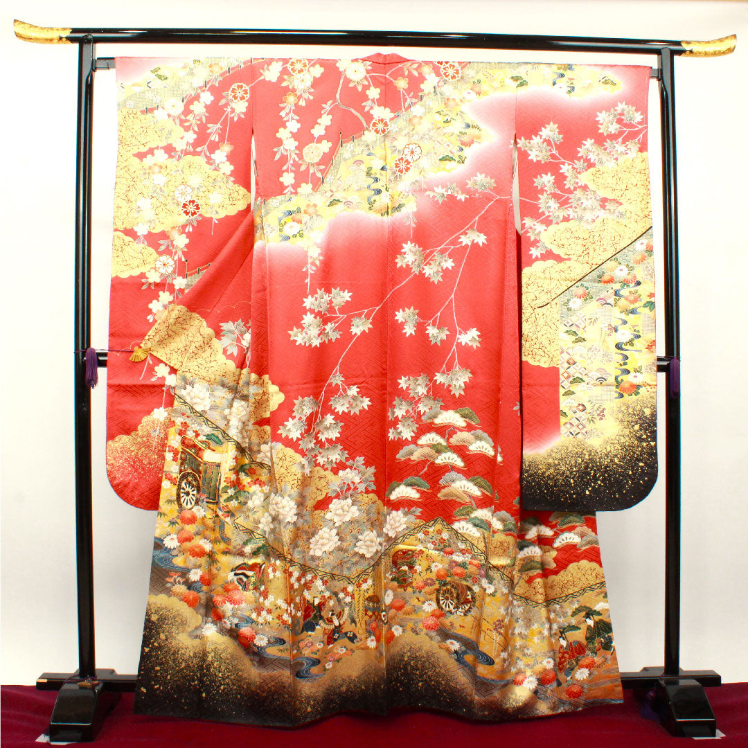 振袖 身丈163.5cm 裄丈67.5cm 袷  甚三紅色 京友禅 御所車 吉祥文様 作家物  正絹 Aランク 朱系 1113001623416