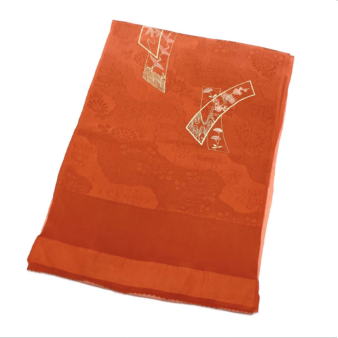 Semi-formal silk obiage (sash sash), S-rank, Tokiiro (red) and Shuiro (red) colors, with gradation strips, approximately 176cm long and 29cm wide, vermilion, color 1136001862916