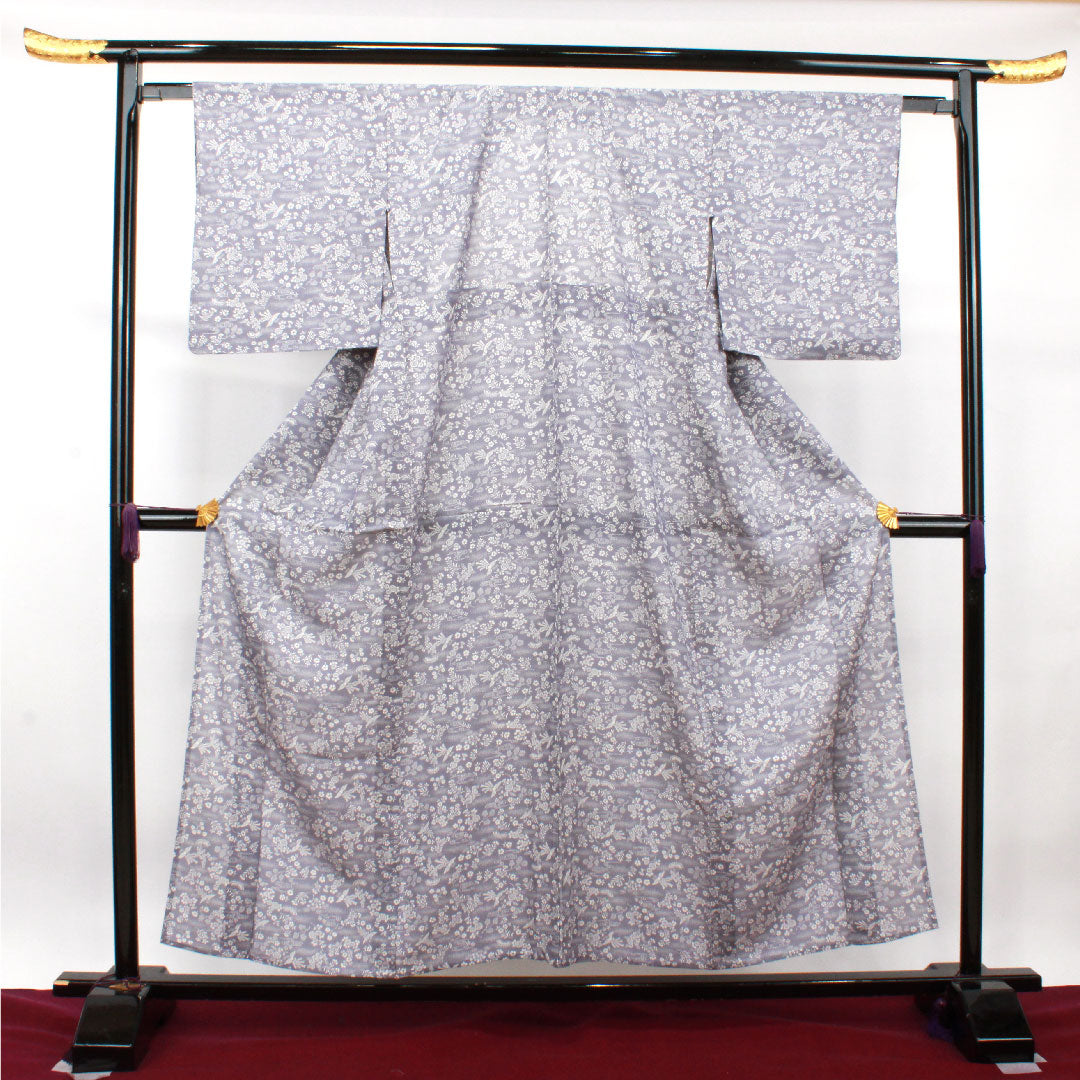 夏物 正絹 小紋 身丈155.5cm 裄丈64cm 相思鼠色（そうしねずいろ） 吉祥文様 鳳凰 菊 絽 Sランク グレー系 1132001832322