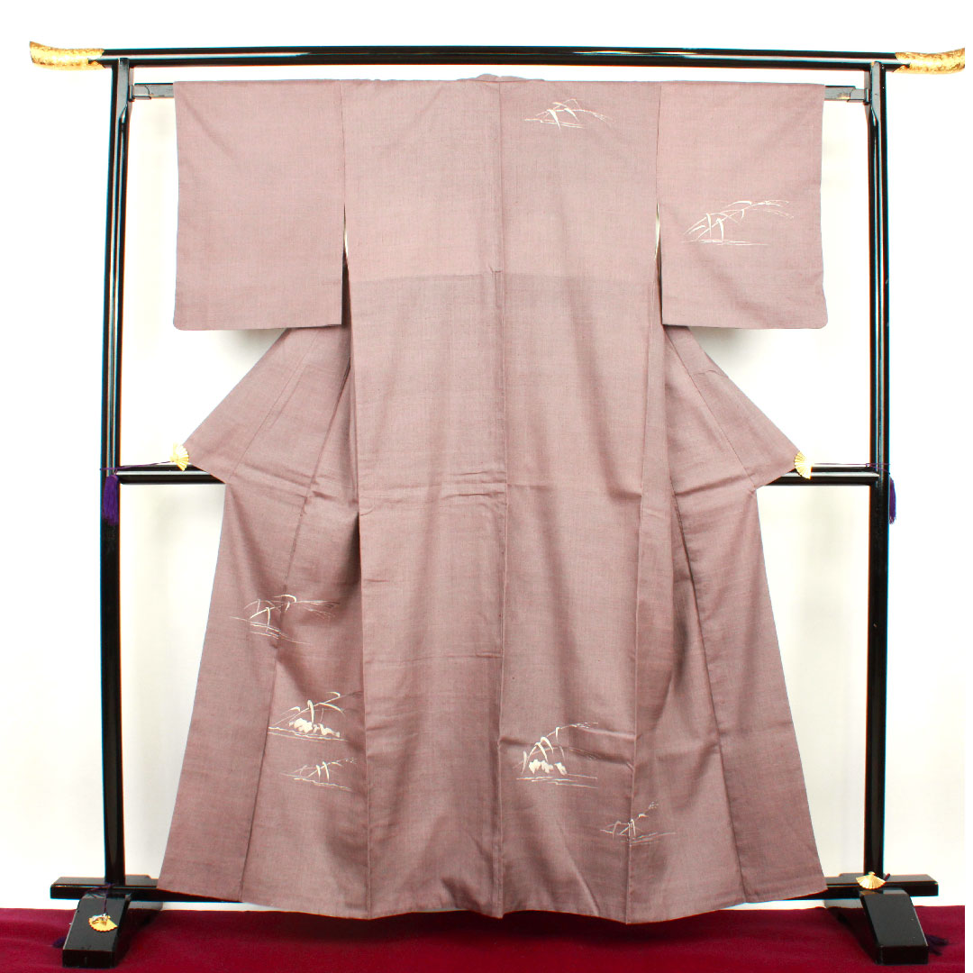 訪問着 袷 身丈160cm 裄丈60cm 紅掛鼠色 紬地 笹模様 正絹 Sランク グレー系 1112001962422