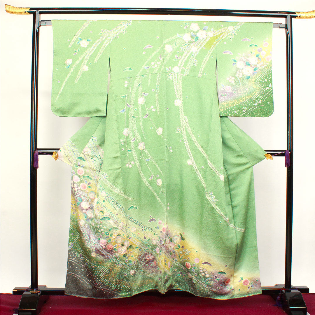 Homongi, lined, length 157.5cm, sleeve length 63cm, wasabi color, with basting thread, unused, Kyo-Yuzen, Tsujigahana, pure silk, S rank, green, 1112002702319