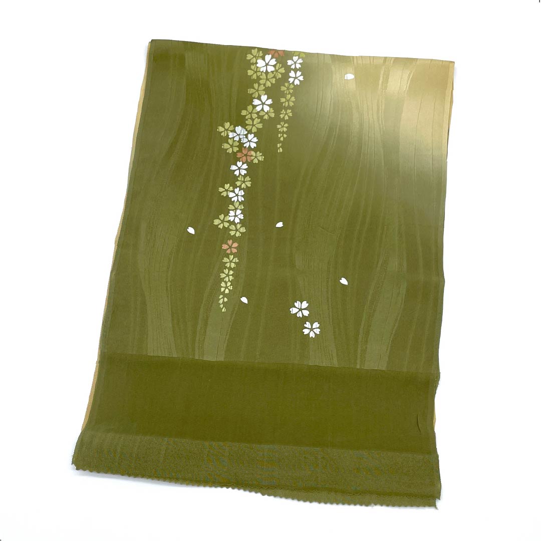 帯揚げ 正絹 セミフォーマル 利休茶色（りきゅうちゃいろ） 桜 古典柄 長さ約170cm 幅約29.5cm Sランク 緑系 1136000302919