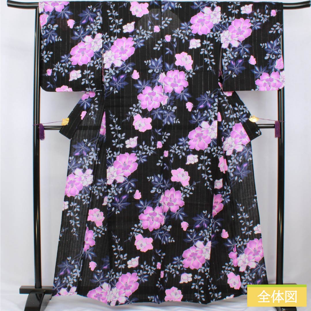 Cotton Yukata, Length 161.5cm, Sleeve Length 65cm, S Rank, Single Layer, Black, Vertical Silk, Floral Design with Silver Thread, Product Number: 1118006662410