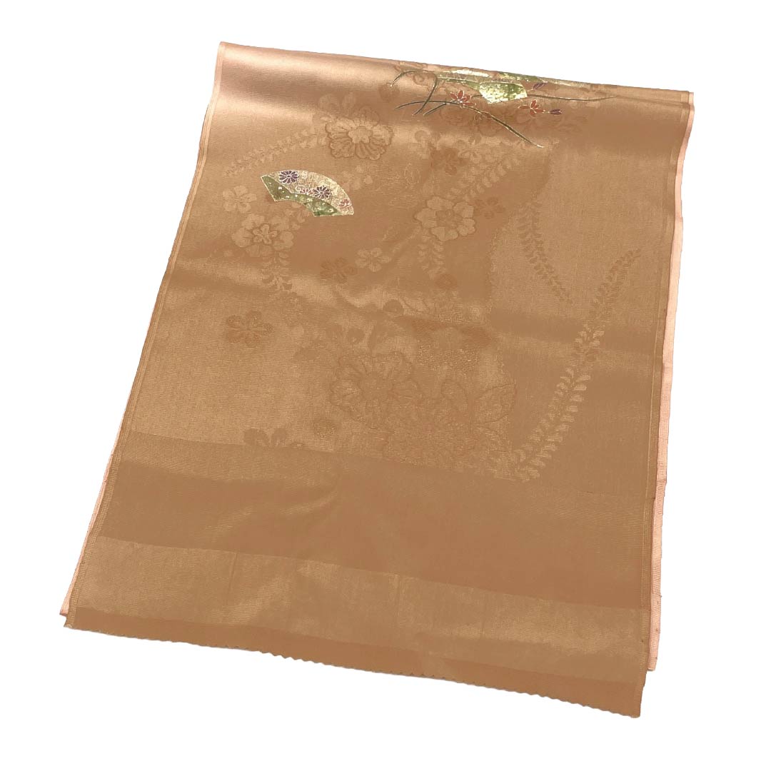 帯揚げ 正絹 Sランク セミフォーマル 水柿色（みずがきいろ） 辻が花 金彩 古典柄 長さ約168cm 幅約30cm 茶系 1136003892914