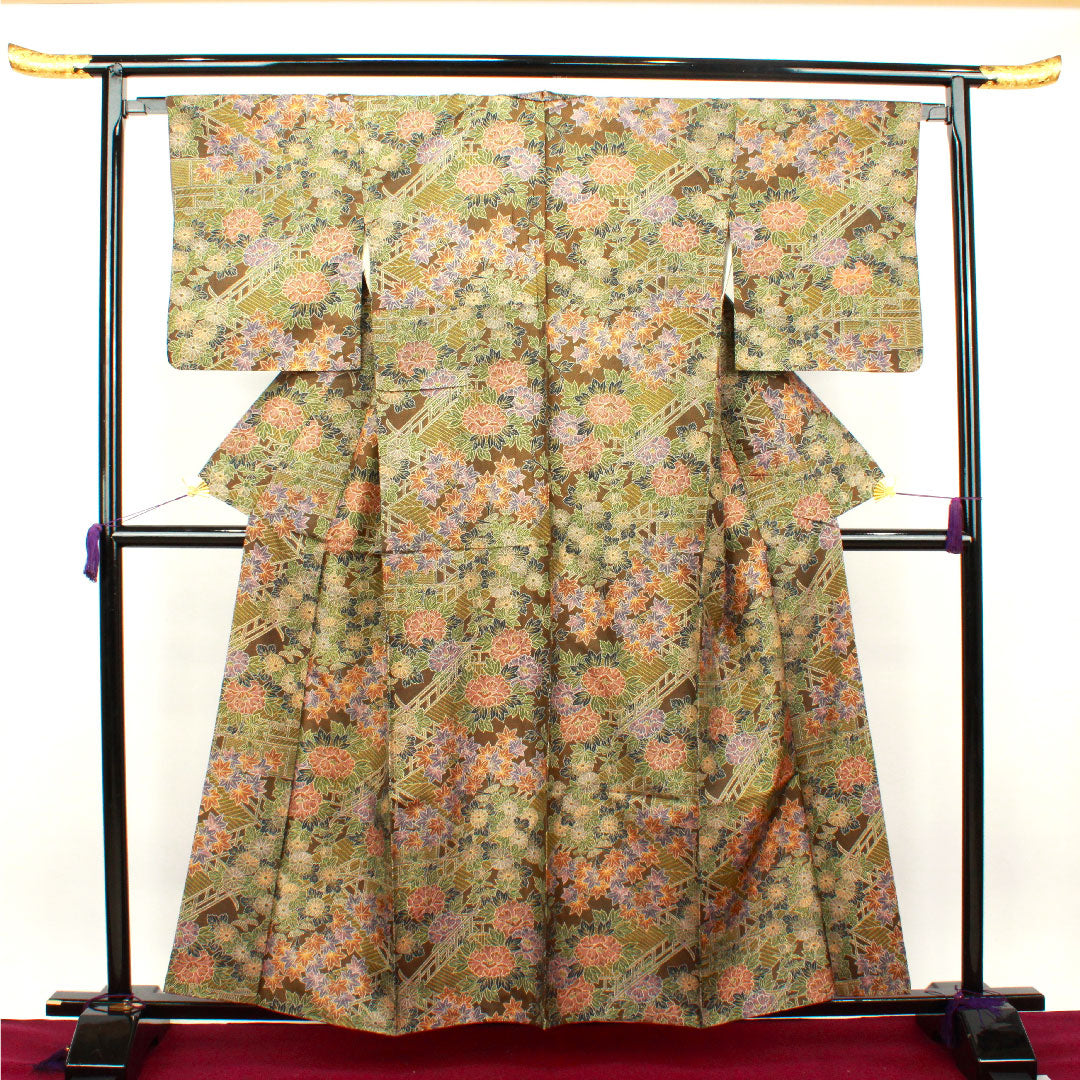 小紋 身丈158.5cm 裄丈64cm 袷  苦色 草花模様  正絹 Aランク 茶系 1115002723314