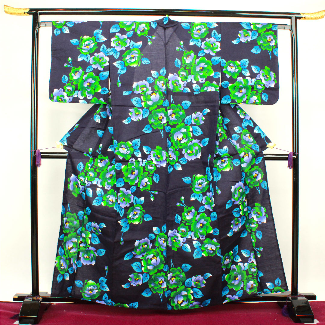 浴衣 濃紺色 山茶花 木綿 Sランク 単衣 身丈162cm 裄丈65.5cm 紺系 1118002582418