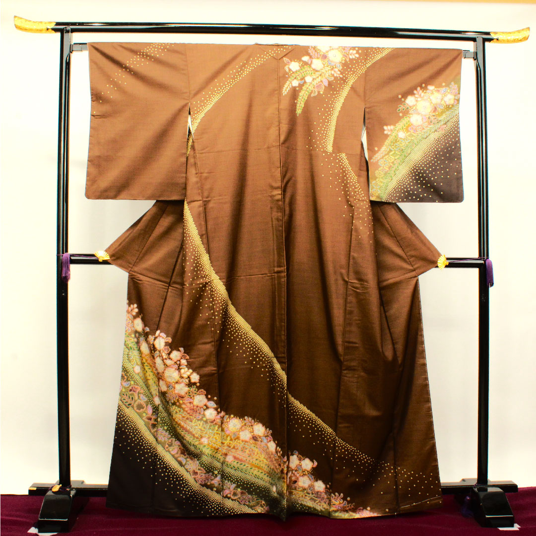 訪問着 正絹 袷 身丈165.5cm 裄丈66cm 柿兼房色 大島紬 辻ヶ花 パールトーン加工 Sランク 茶系 1112003242514