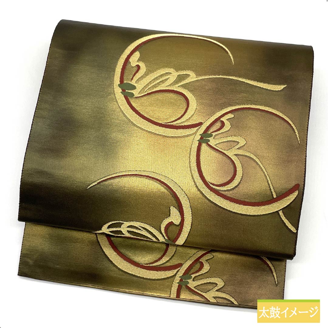 袋帯 正絹 黄橡色（きつるばみいろ） 抽象模様 帯丈432cm Aランク 六通 セミフォーマル 金系 1123012323321