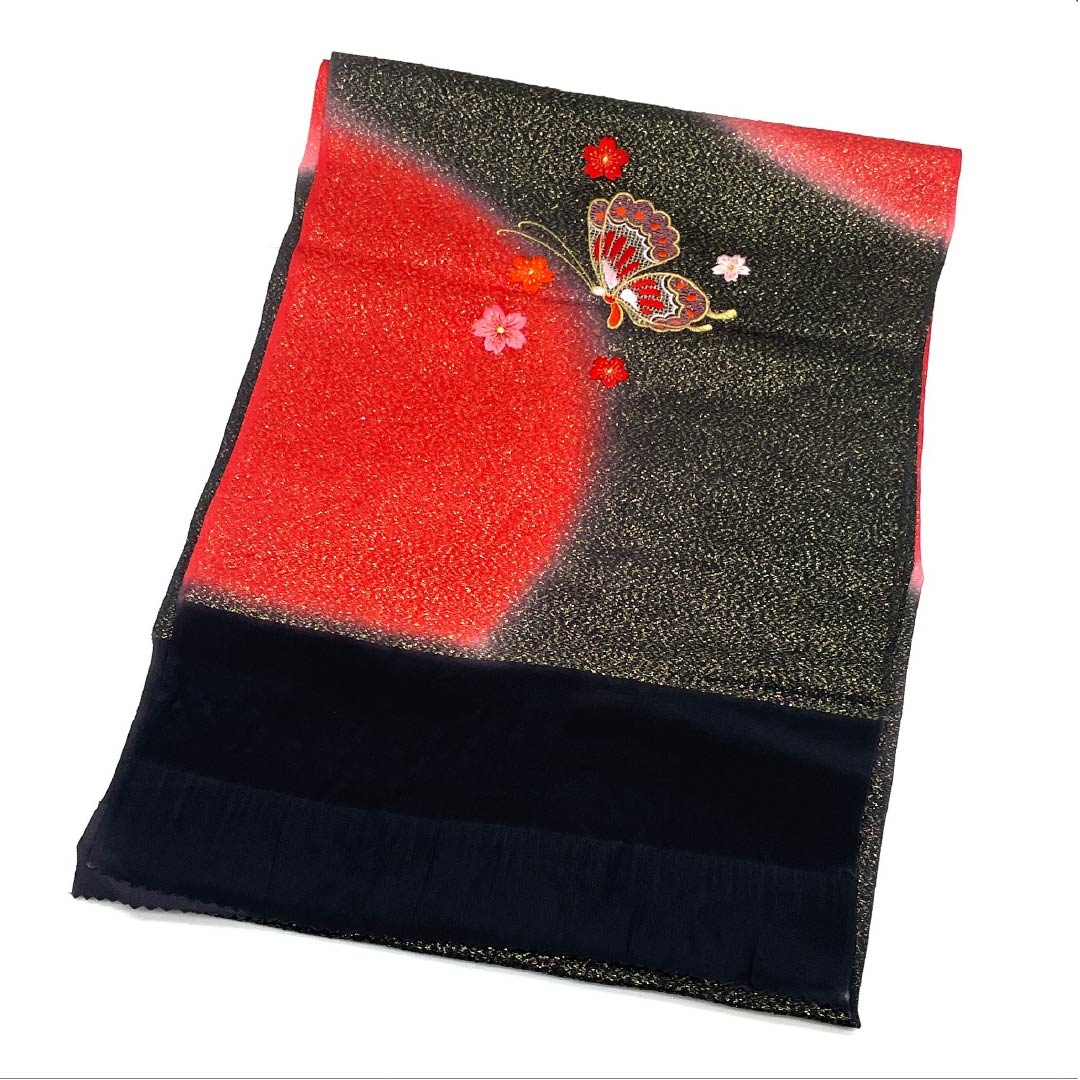 帯揚げ 正絹 Sランク フォーマル 蝶 桜 刺繍 金糸 長さ約178cm 幅約30cm 黒系 1136002642910