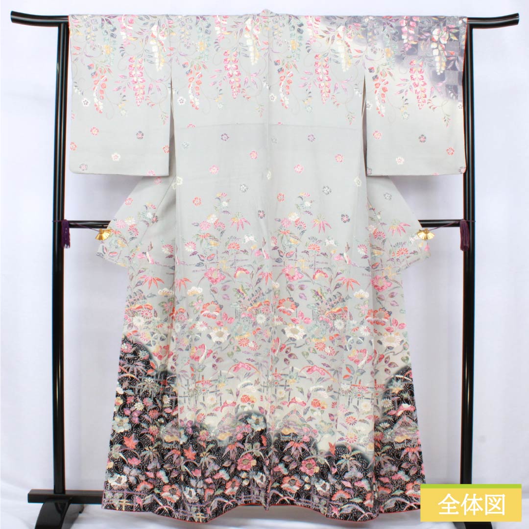 訪問着 正絹 Sランク 袷 身丈160cm 裄丈64cm 京友禅 藤 桜 グレー系 1112006302422
