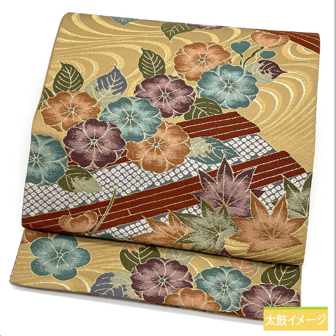 袋帯 正絹 山吹鼠色（やまぶきねずいろ） 紅葉 白綾苑大庭 古典柄 花柄 帯丈433cm Sランク 六通 フォーマル ベージュ系 1123011322325