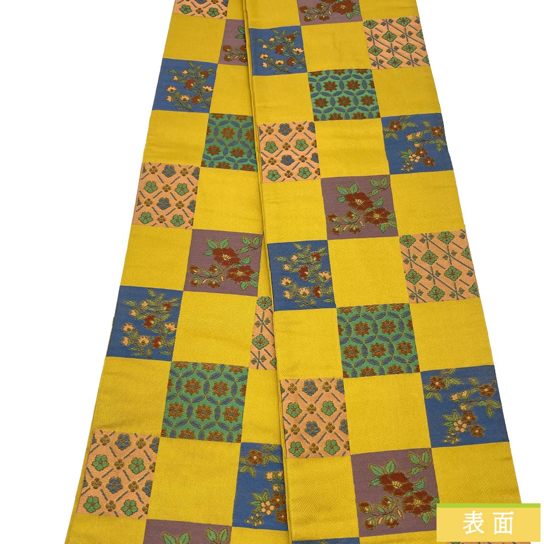 半幅帯 ポリエステル Aランク 黄金色（こがねいろ） 古典柄 市松 花柄 七宝 帯丈389cm 黄系 1125003143323