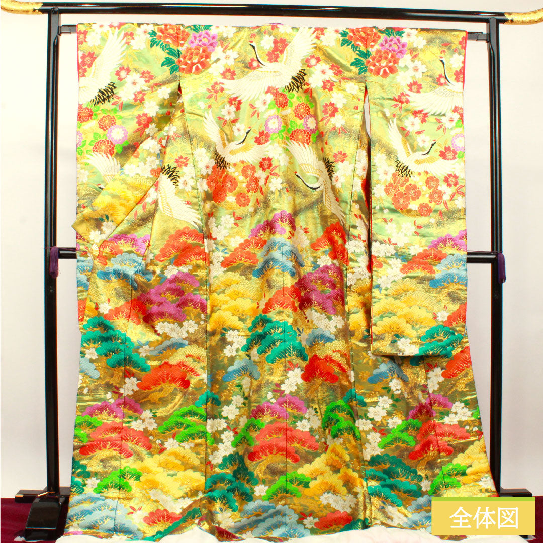 色打掛 正絹 身丈194cm 裄丈66cm  唐織 松 鶴 Sランク 袷 緑系 1110000702919