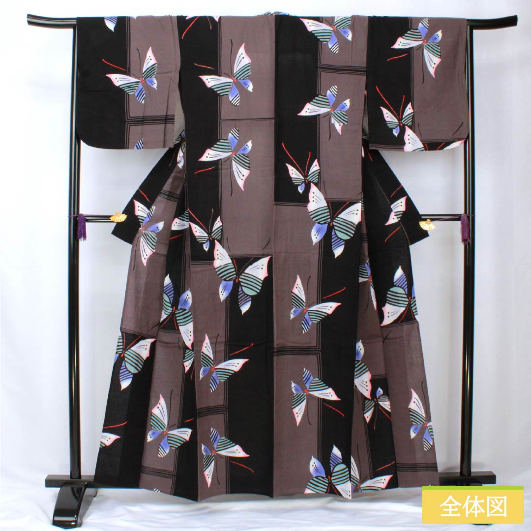 浴衣 木綿 身丈158cm 裄丈67cm Bランク 単衣 モノトーン 蒲萄鼠色（ぶどうねずいろ） 蝶 1118005824327