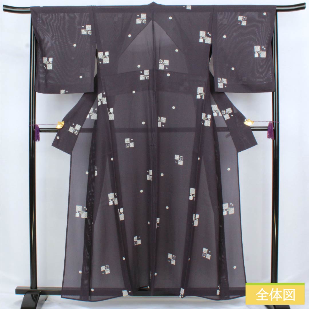 夏物 正絹 小紋 身丈158cm 裄丈67cm 褐色（かちいろ） 型染 飛び市松 古典柄 絽 Sランク 紫系 1132002802320