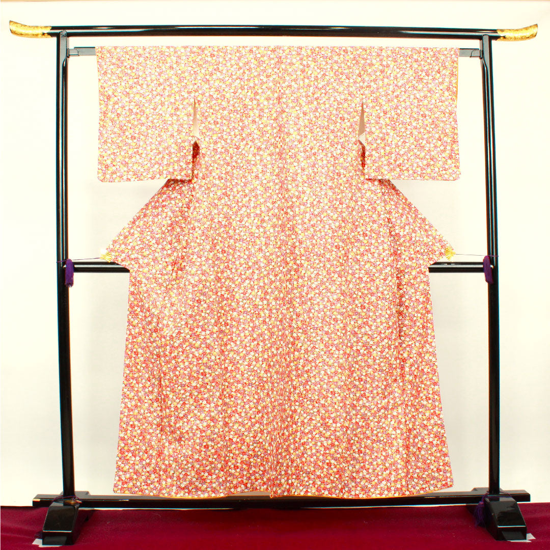 小紋 身丈152cm 裄丈61.5cm 袷  猩々緋色 梅 紬地  正絹 Sランク 赤系 1115002992212