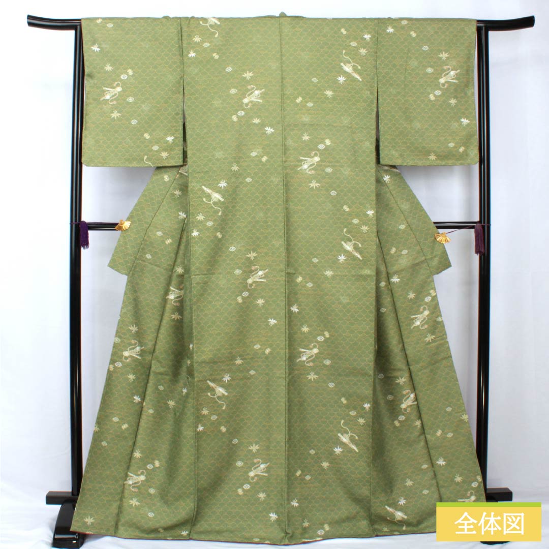 小紋 ポリエステル 身丈169cm 裄丈64.5cm 袷 仏手柑色（ぶしゅかんいろ） 洗える着物 笛 古典柄 Sランク 緑系 1115005462519