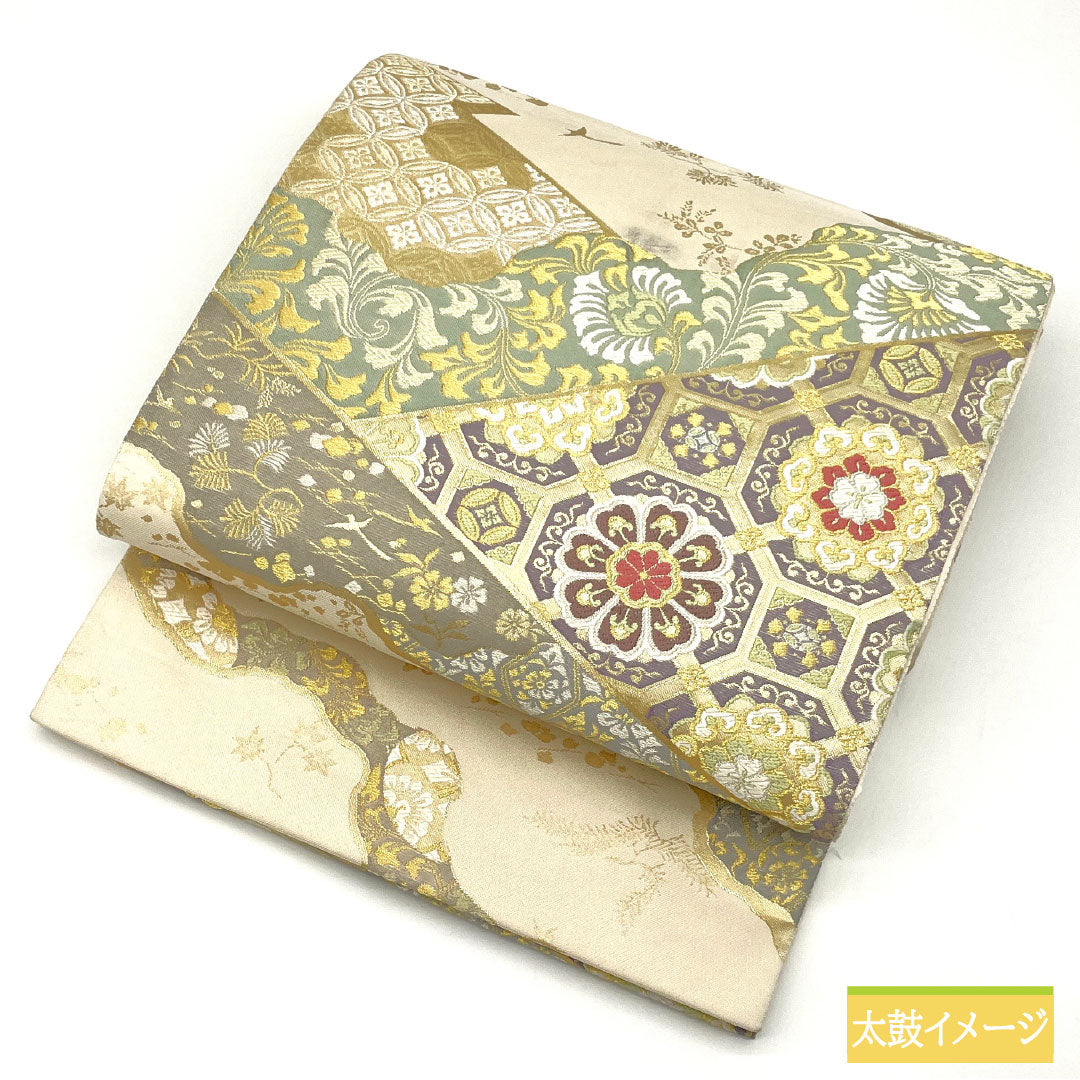 袋帯 正絹 Bランク 乳白色（にゅうはくしょく） 西陣織 吉祥文様 帯丈448cm 六通 フォーマル クリーム系 1123016094315