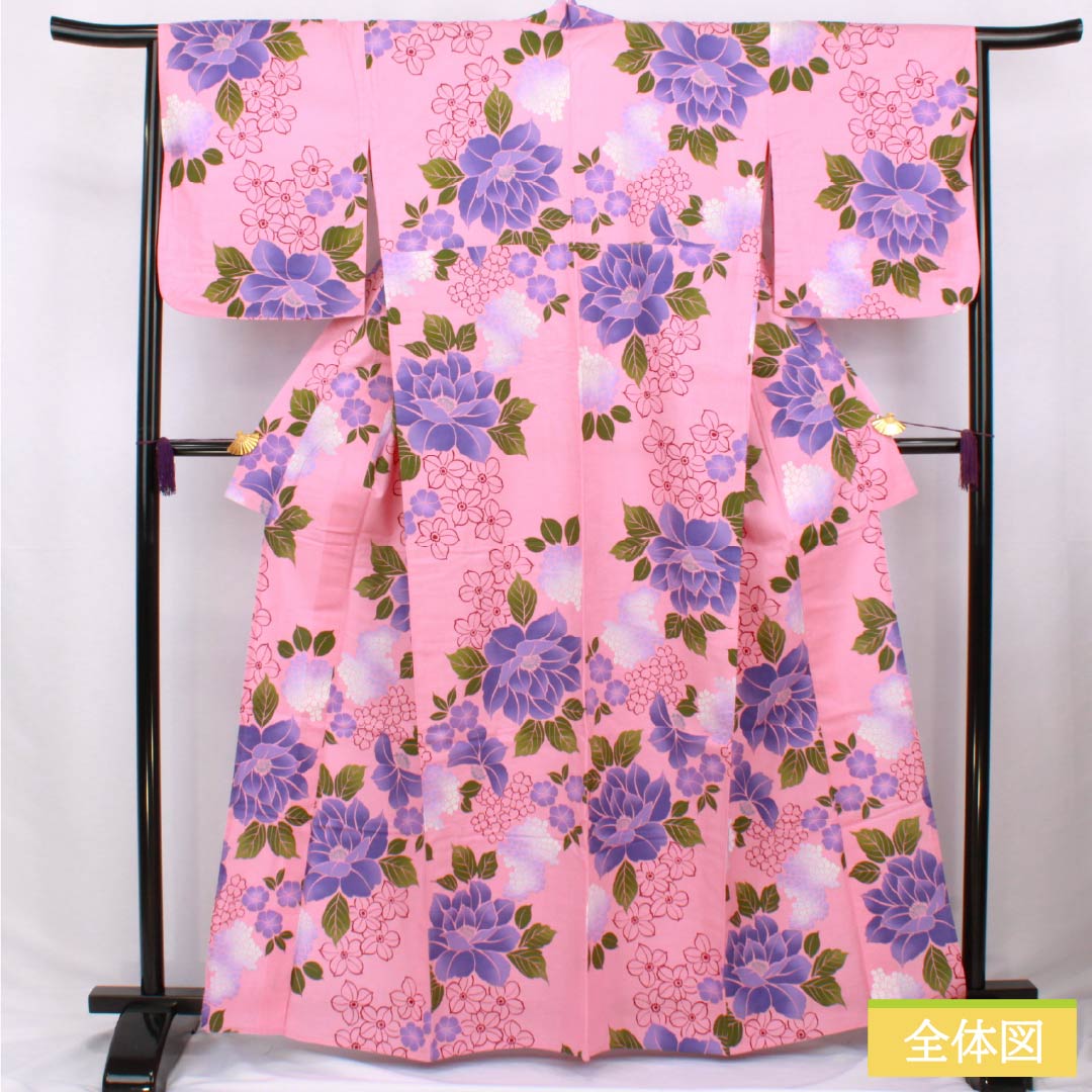 浴衣 木綿 身丈163cm 裄丈65cm Sランク 単衣 ピンク系 中紅花色（なかのくれないいろ） 花 1118006572413