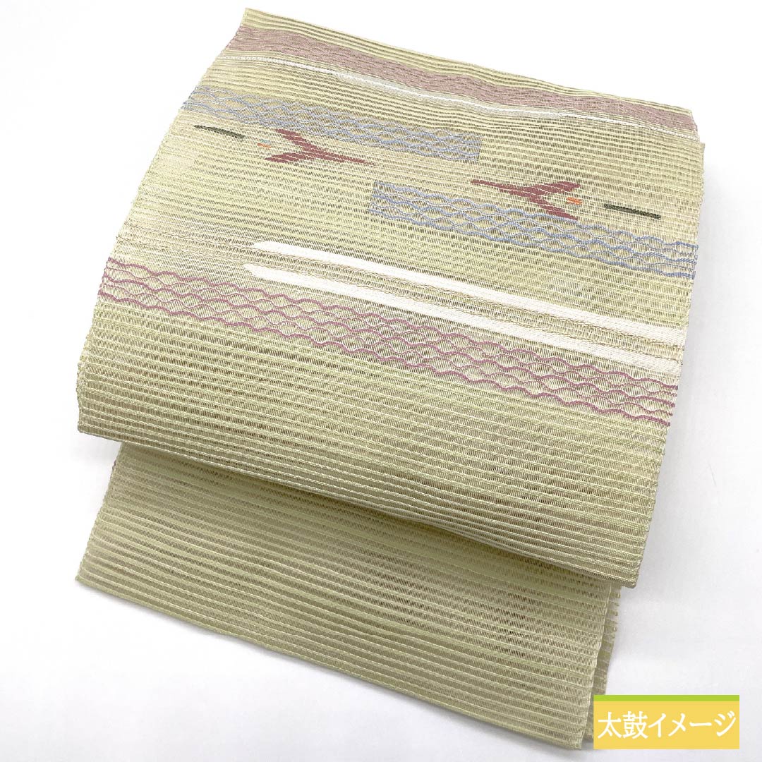 名古屋帯 硫黄色（いおういろ） 夏帯 櫛織 抽象模様 帯丈365cm 正絹 Sランク ポイント柄 カジュアル 緑系 1124008642319 松葉仕立て