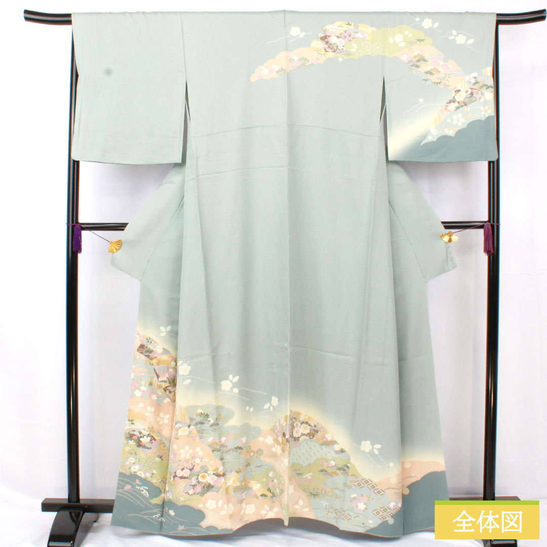 Homongi, pure silk, lined, length 161cm, sleeve length 66.5cm, blue-and-white porcelain color, Kyoto Yuzen, auspicious motif, rank S, light blue, 1112005792424