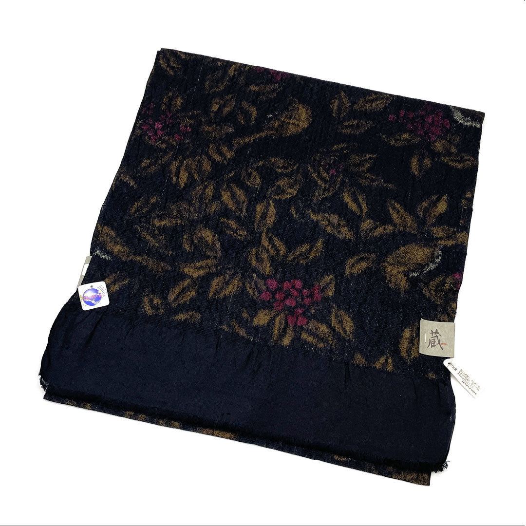 （新古品）帯揚げ 正絹 Sランク カジュアル 黒色（くろいろ） 植物模様 長さ約160cm 幅約35cm 黒系 1136001762910