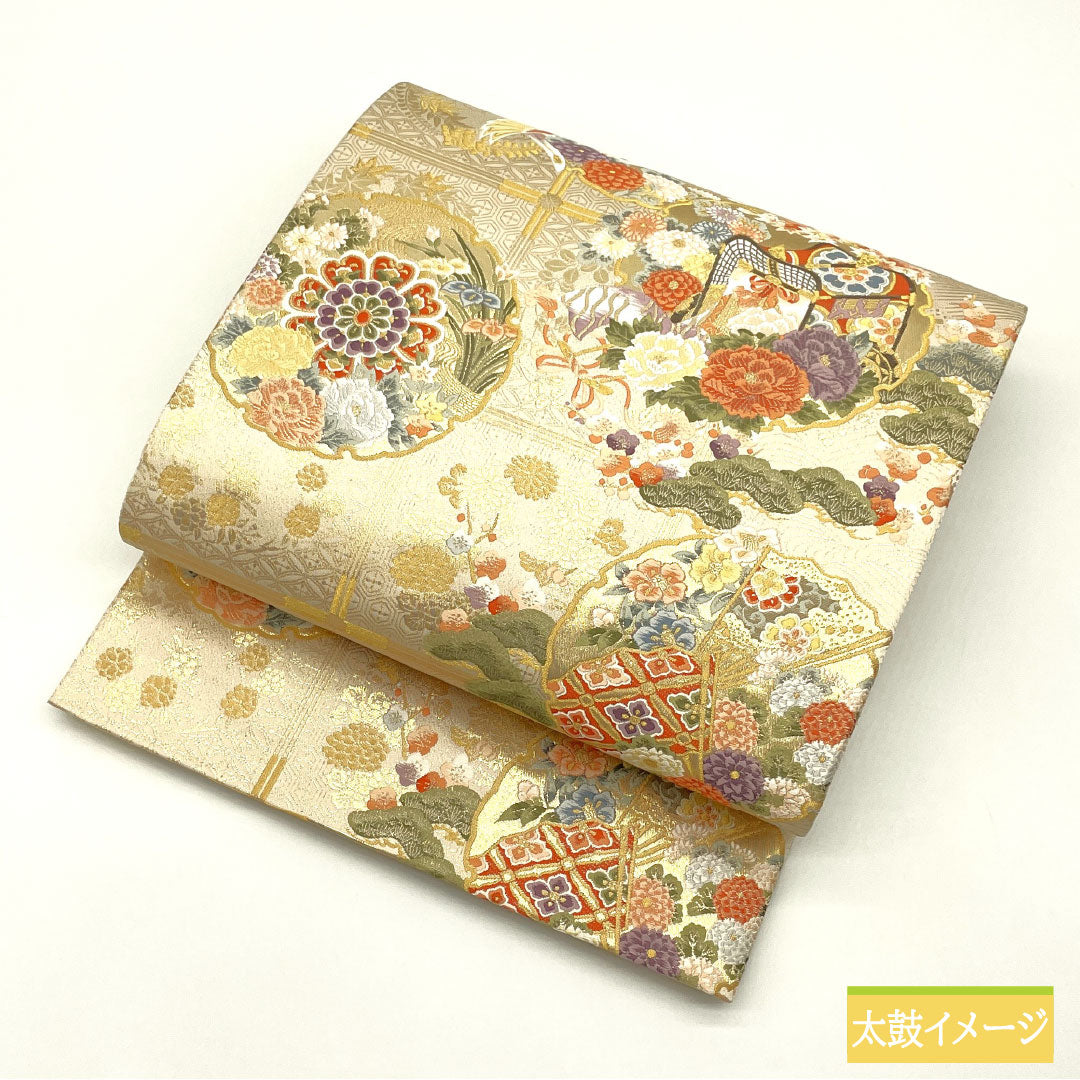 袋帯 正絹 Sランク 鏡裏花鳥文 西陣織 本金二重箔 雪輪 吉祥文様 帯丈436cm 六通 フォーマル 金系 1123016652321