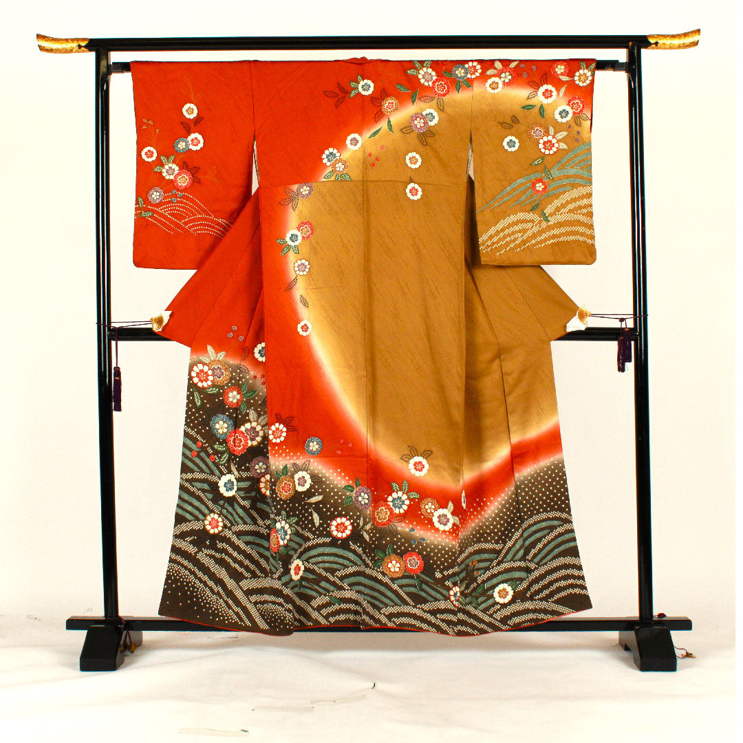 訪問着 袷 身丈158cm 裄丈64cm 絞り 草花模様 正絹 Bランク 茶系 1112001044314