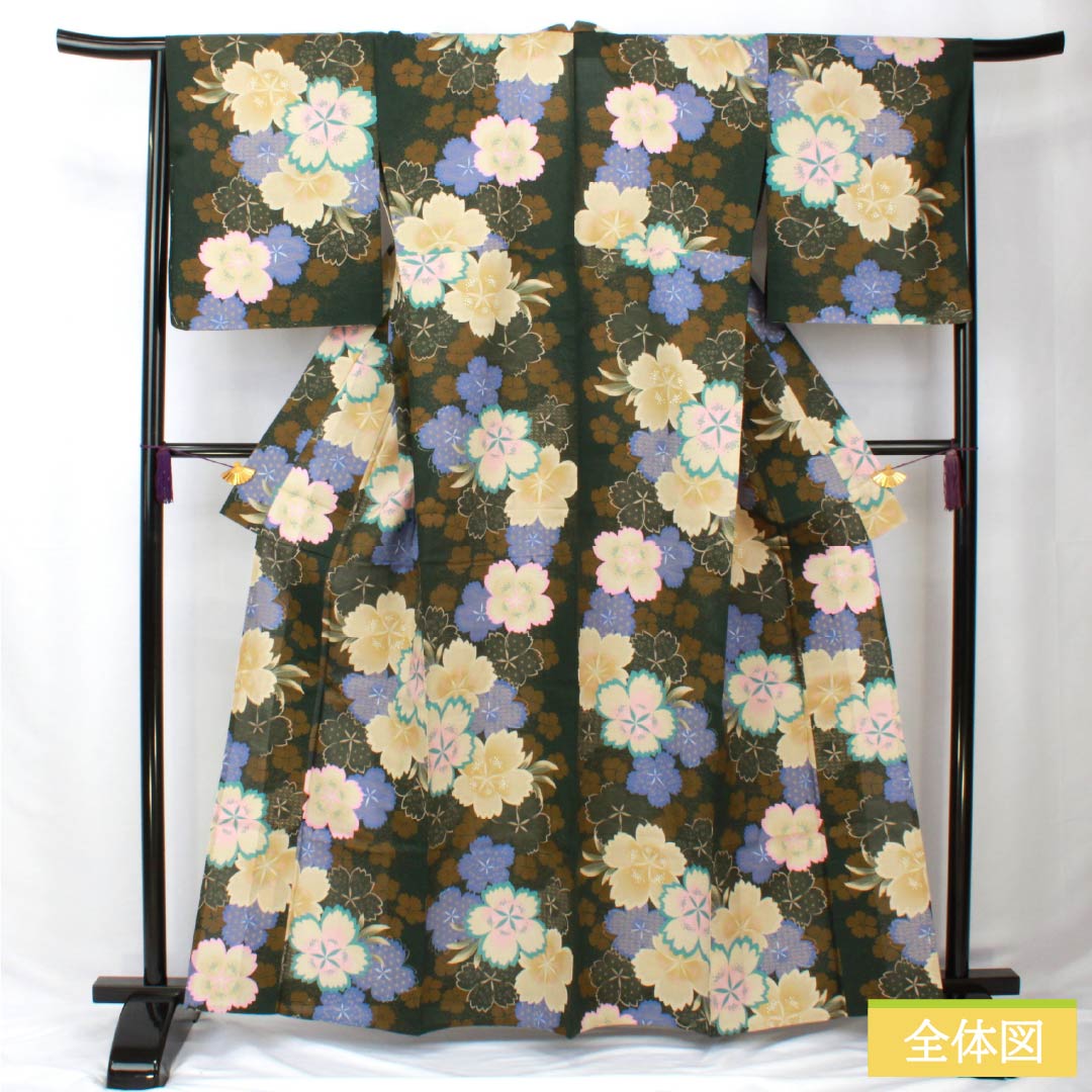 浴衣 木綿 身丈162.5cm 裄丈67cm Sランク 単衣 緑系 暗緑色（あんりょくしょく） 桜 1118006002419