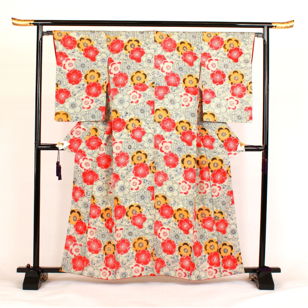 小紋 身丈162cm 裄丈66cm 袷  京紅型 波 梅柄  正絹 Aランク 白系 1115000523411