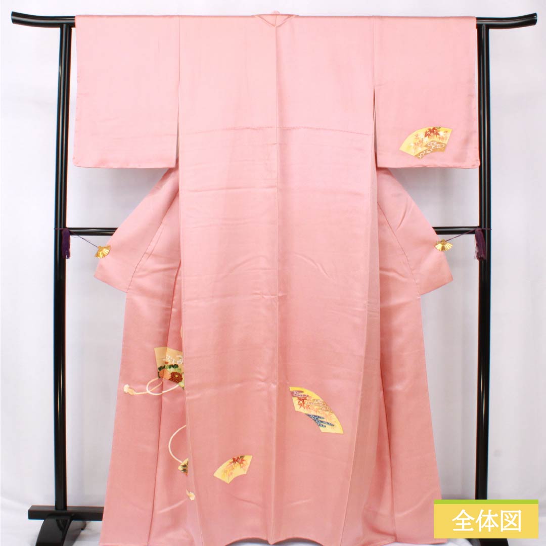 Visiting Kimono, Pure Silk, S-Rank, Lined, Length 164cm, Sleeve Length 62.5cm, Single-Layer Plum Blossom-Colored Kimono, Kyoto Yuzen, Tsukesage, Auspicious Design, with Basting Thread, Pink, Product Number: 1112006552413