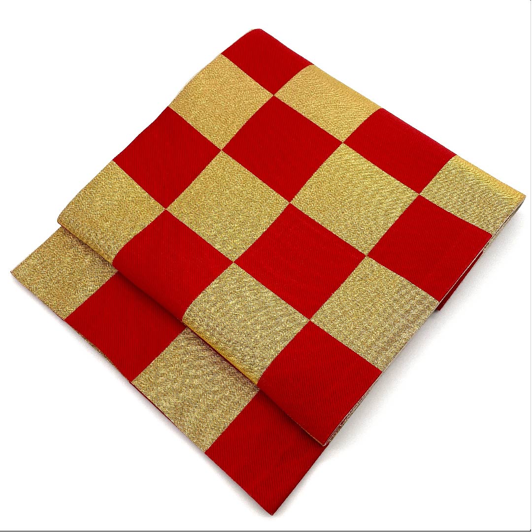 袋帯 金色 振袖用 市松 帯丈432cm 正絹 Aランク 六通 フォーマル 金系 1123006233321