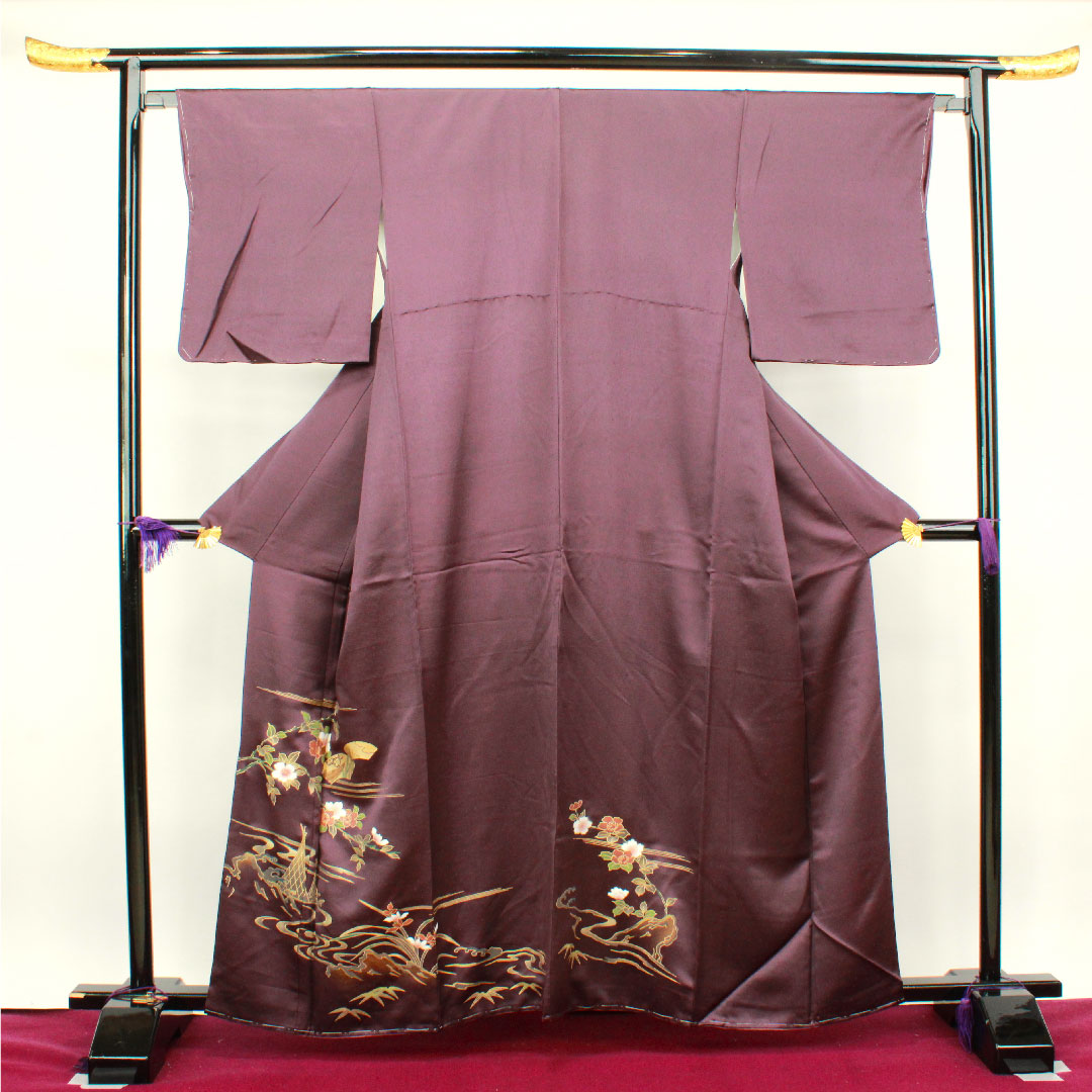 訪問着 袷 身丈160.5cm 裄丈65cm しつけ糸付き 深紫色 京友禅 草花模様 正絹 Aランク 紫系 1112002413420