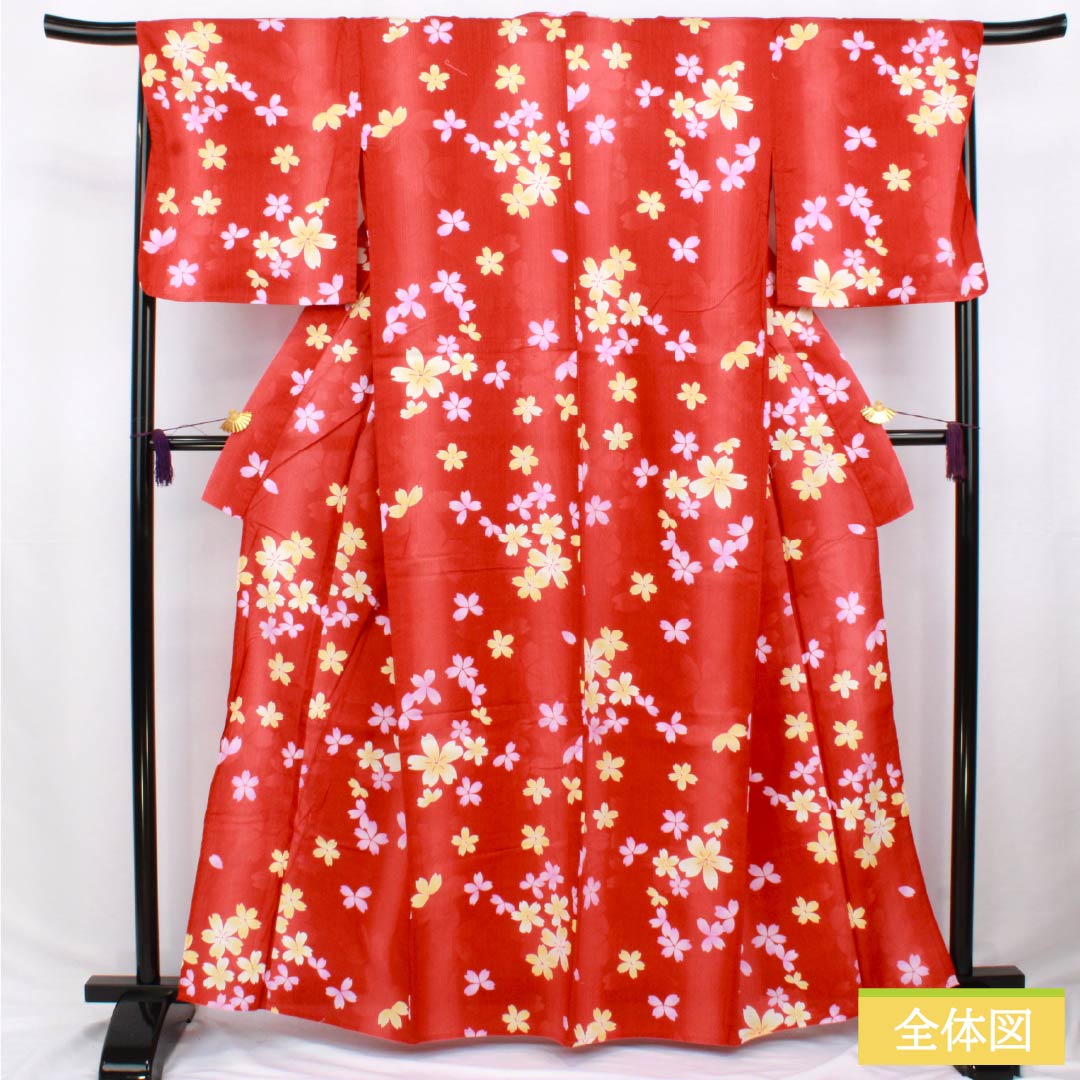 浴衣 木綿 身丈162cm 裄丈67.5cm Sランク 単衣 朱系 辰砂色（しんしゃいろ） 桜 1118006512416