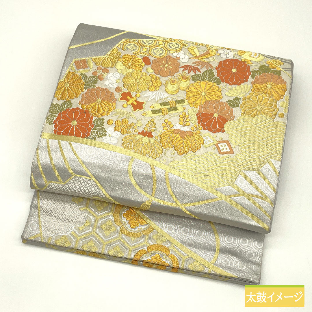 袋帯 正絹 Aランク 名錦至宝 西陣織 吉祥文様   帯丈430cm 六通 フォーマル 銀系 1123017413322