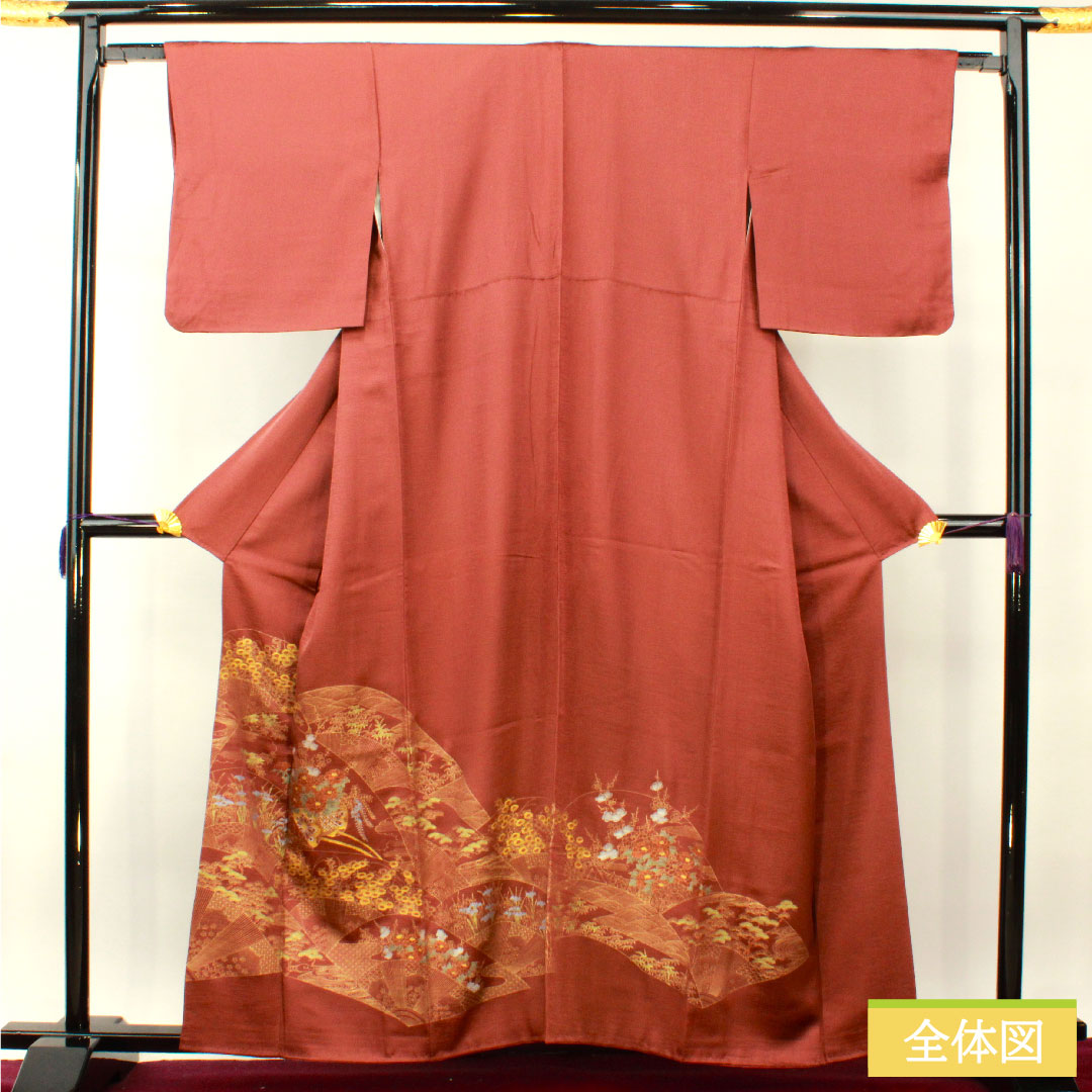 訪問着 正絹 袷 身丈161cm 裄丈63cm 小豆色（あずきいろ） 京友禅 花車 吉祥文様 Sランク 赤系 1112004302412