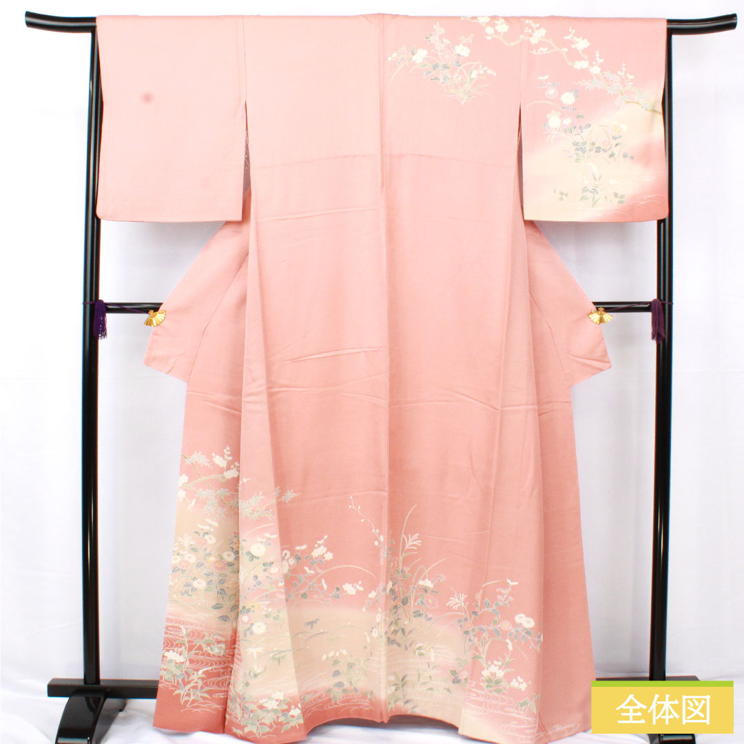 訪問着 正絹 袷 身丈162cm 裄丈64cm 東雲色（しののめいろ） 京友禅 草花模様 しつけ糸付き Sランク ピンク系 1112005692413