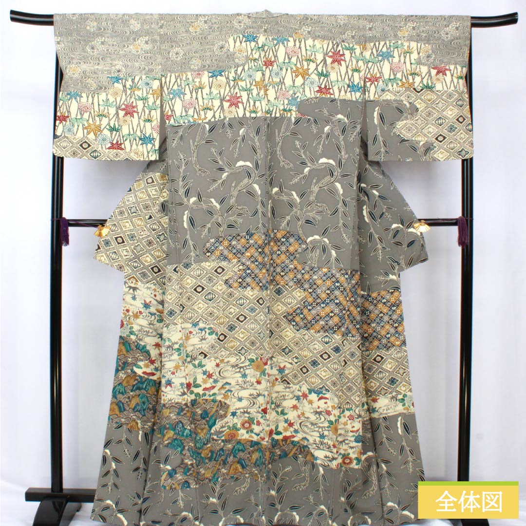 訪問着 正絹 Sランク 袷 身丈165.5cm 裄丈67.5cm 京紅型 紅型調 吉祥文様 グレー系 1112006742522