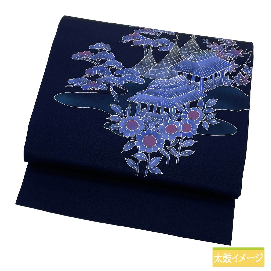 名古屋帯 正絹 Aランク 開き仕立て 濃紺（のうこん） 塩瀬 風景 茶屋辻 帯丈360cm ポイント柄 セミフォーマル 紺系 1124012603318
